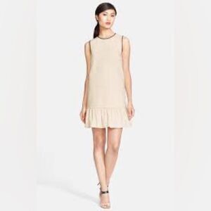 ♠️ KATE SPADE raw almond Havana brown leather trimmed Ruffle mini Dress sz 2